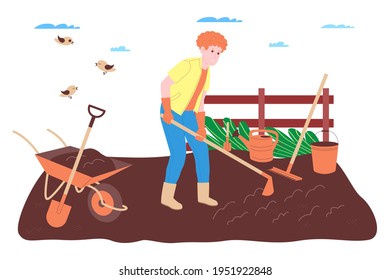 Farm, farming and agriculture. A farmer worker works on a farm, orchard, or vegetable garden: digging the ground, making beds, planting seedlings of vegetables and fruits, and watering the plants.