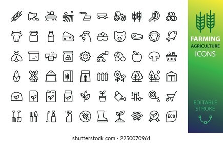 Farm, farming and agriculture isolated icons set. Set of ear of wheat, harvester, farm field, tractor, sickle, corn, flour bag, mill,  agricultural products, hay bales, milk, eco meat vector icons
