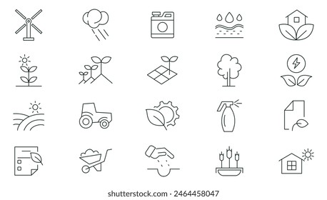 Farm, farming and agriculture line icons set. Nature, greenhouse, haystack, harvest gardening, agriculture, smart farm, farm animals, seeding outline icon collection. 