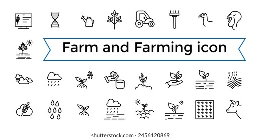 Farm and Farming, Agriculture line web icon set. Contains related to Greenhouse, Haystack, Harvest and more. Outline icons collection. Icon collection. Editable vector icon and illustration..