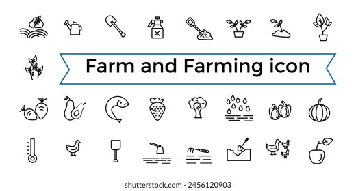 Farm and Farming, Agriculture line web icon set. Contains related to Greenhouse, Haystack, Harvest and more. Outline icons collection. Icon collection. Editable vector icon and illustration..
