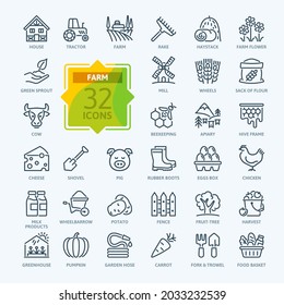 Farm, Farming, Agriculture - thin line web icon set. Contains such Icons as Greenhouse, Haystack, Harvest and more. Outline icons collection. Simple vector illustration.