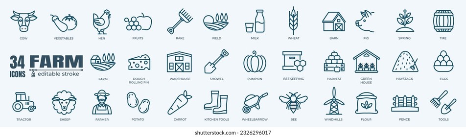 Farm, Farming, Agriculture - thin line web icon set. Contains such Icons as Greenhouse, Haystack, Harvest and more. Outline icons collection. Simple vector illustration.