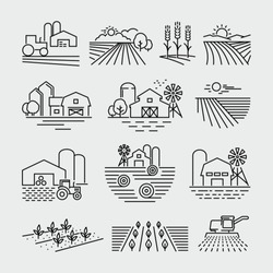 Fermă și Câmpuri Agricole Iconițe Linie Vector