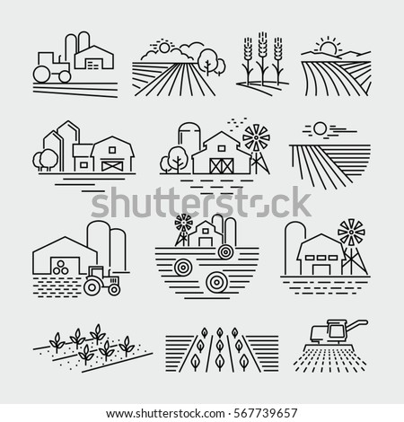 Farm and farming fields line icons vector