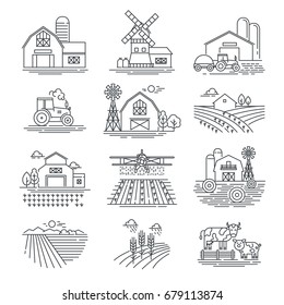 Farm and farming fields linear vector icons isolated on white background. Farming and agriculture life concept. Harvester tractors and village buildings. Thin black line style