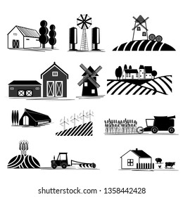 Farm and farming fields thin line icons isolated. Agriculture and Farming concept outline vector illustration