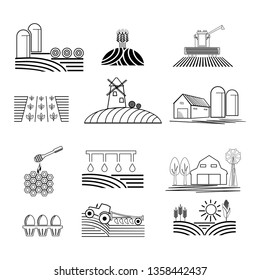 Farm and farming fields thin line icons isolated. Agriculture and Farming concept outline vector illustration