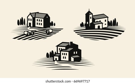 Farm, farming icon or logo. Agricultural industry, viniculture, vineyard label set. Vector illustration