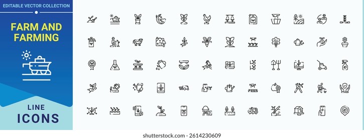 Farm And Farming icon set. Includes symbols for garden, farm, plantation, vegetable, farming, nature, agriculture and more. Trendy minimal icons. Garden linear icon collection. Editable stroke.