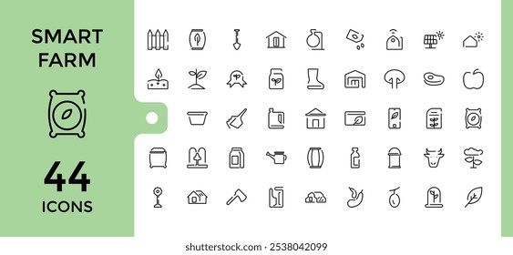 Farm And Farming icons in linear style. Featuring garden, sign, man, vegetable, farming, animal, agriculture. Thin outline icons pack. Editable stroke. Vector illustration.