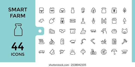 Farm And Farming icons in linear style. Featuring garden, sign, man, vegetable, farming, animal, agriculture. Thin outline icons pack. Editable stroke. Vector illustration.