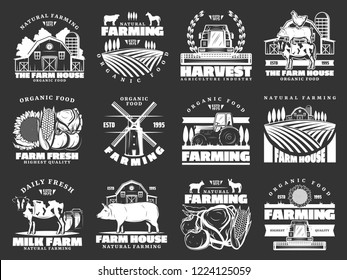 Farm and farming monochrome vector icons, harvest and animals. Organic food and meat, milk and cattle farm. Field and barn, sunflower and vegetables, pig and cow, poultry and tractor