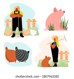 farm. farming. a set of vector images of people engaged in farming. cattle and chickens