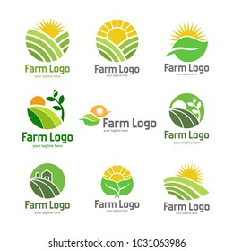 Farm and farming, set of vector logo, label, emblem design template. Isolated illustration of green fields landscape, rising sun. Concept for harvesting, agriculture, natural farm, organic products.