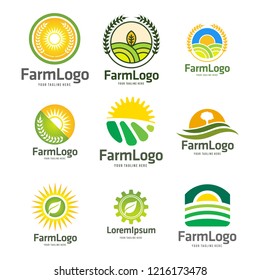 Farm and farming, set of vector logo, label, emblem design template. Isolated illustration of green fields landscape, rising sun. Concept for harvesting, agriculture, natural farm, organic products. 