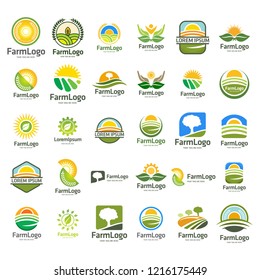 Farm and farming, set of vector logo, label, emblem design template. Isolated illustration of green fields landscape, rising sun. Concept for harvesting, agriculture, natural farm, organic products. 