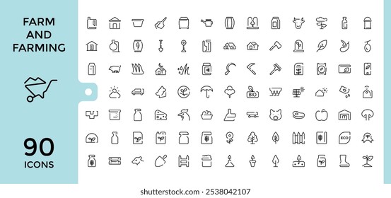 Farm And Farming thin line icon set. Related to sign, food, harvest, line, nature, land and more. Minimalist thin linear icon. Vector icons editable stroke.