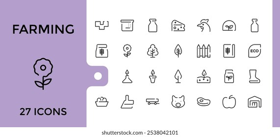 Farm And Farming vector line icon set. Related to bio, farm, field, cow, garden, outline, seed and more. Thin linear style icons. Editable stroke.