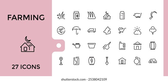 Farm And Farming vector line icon set. Related to bio, farm, field, cow, garden, outline, seed and more. Thin linear style icons. Editable stroke.