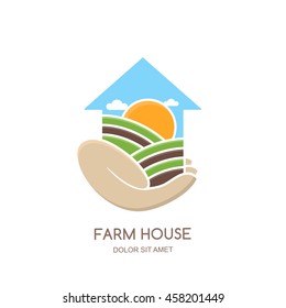 Farm and farming vector logo, label, emblem design. Fields and farm landscape in house shape. Hand holding greenhouse. Concept for agriculture, harvesting, natural farm, organic products.