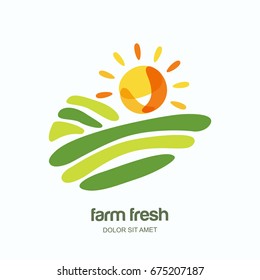 Farm and farming vector logo, label, emblem design. Isolated illustration of fields, farm landscape and sun. Concept for agriculture, harvesting, natural farm, organic products.