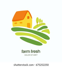Farm and farming vector logo, label, emblem design. Isolated illustration of fields, farm landscape and rural house. Concept for agriculture, harvesting, natural farm, organic products.
