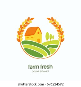 Farm and farming vector logo, label, emblem design. Isolated illustration of wheat fields, farm landscape and rural house. Concept for agriculture, organic cereal products, harvesting grain.