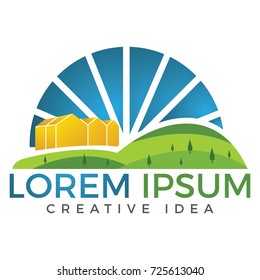 Farm and farming vector logo label emblem design. Isolated illustration of fields farm landscape and sun. Concept for agriculture harvesting natural farm organic products.