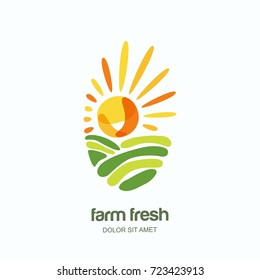 Farm and farming vector oval hand drawn label, emblem, logo design template. Isolated illustration of fields, farm landscape, sun. Concept for agriculture, harvesting, natural farm, organic products.