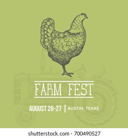 Farm fest banner. Hand Drawn Chicken. Vector illustration