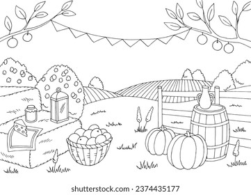 Farm festival graphic black white landscape crop harvest sketch illustration vector