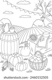 Farm festival graphic black white landscape crop harvest sketch vertical illustration vector 