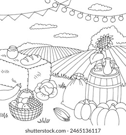 Farm festival graphic black white landscape crop harvest sketch illustration vector 