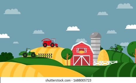 Farm field, agricultural business, working tractor, combine, working machine, flat vector illustration. Concept design banner. Farming area, warehouse, barn, straw Rural industry and company