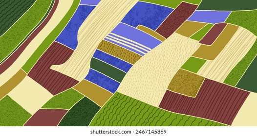 Farm field, agriculture pattern from top. Geometric farmland landscape, aerial view. Rural country land, paddy countryside. Grassland, plantation, meadow patches. Flat graphic vector illustration