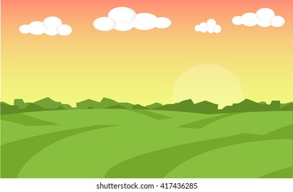 Fondo de campo de granja. Campo verde con puesta de sol y nubes. Fondo de la granja de caricaturas. Ilustración del vector