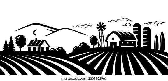 Farm and field black vector. Retro rural landscapes