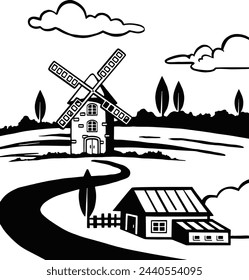 Vector negro de granja y campo. Paisajes rurales retro. 