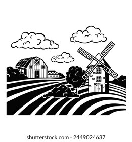 Farm and field black vector. Retro rural landscapes. Vector illustration