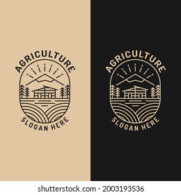 Farm Field with Cottage House and Mountain in Line Style Logo Design Template. Suitable for Agriculture Farming Business Brand Company Corporate Town Rural Badge Emblem Stamp Logo Design