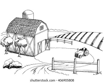 Farm field graphic art black white landscape illustration vector