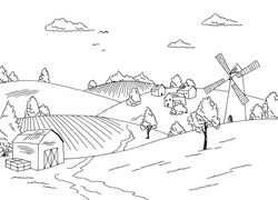 Farm Field Graphic Black White Landscape Sketch Illustration Vector 