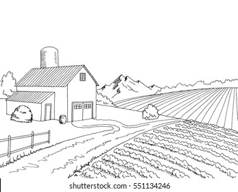 Farm field graphic black white sketch illustration vector