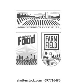 Farm field labels set of logo, badge, label with fields and water towers over forest and cloudy sky background, vector illustration.