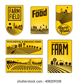 Farm field labels set of vector logos farming, yellow field with a barn, land and trees, badges with fields fermpeskie yellow badges isolated on white background, farm icon logo labels land, farm land