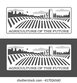 Farm field labels set of vector logos farming, field with a barn, land and trees, badges with fields farm badges isolated on white and black background