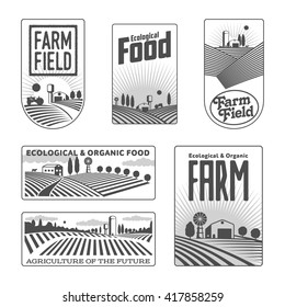 Farm field labels set of vector logos farming, yellow field with a barn, land and trees, badges with fields fermpeskie yellow badges isolated on white background