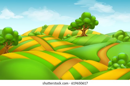 Farm field landscape. 3d vector background