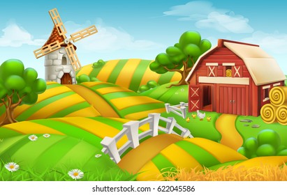 Farm field landscape 3d vector background